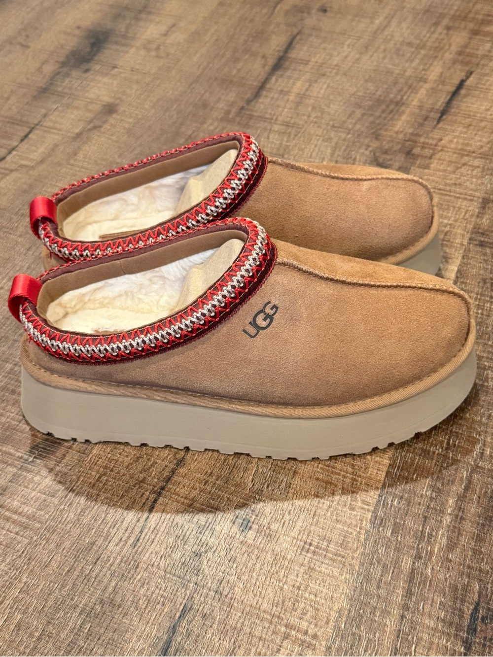 UGG Chestnut Suede Slip-On Mule with Red Trim